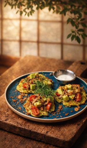 Картофельные драники с кабачками, овощами и с муссом из сыра «Тофу»